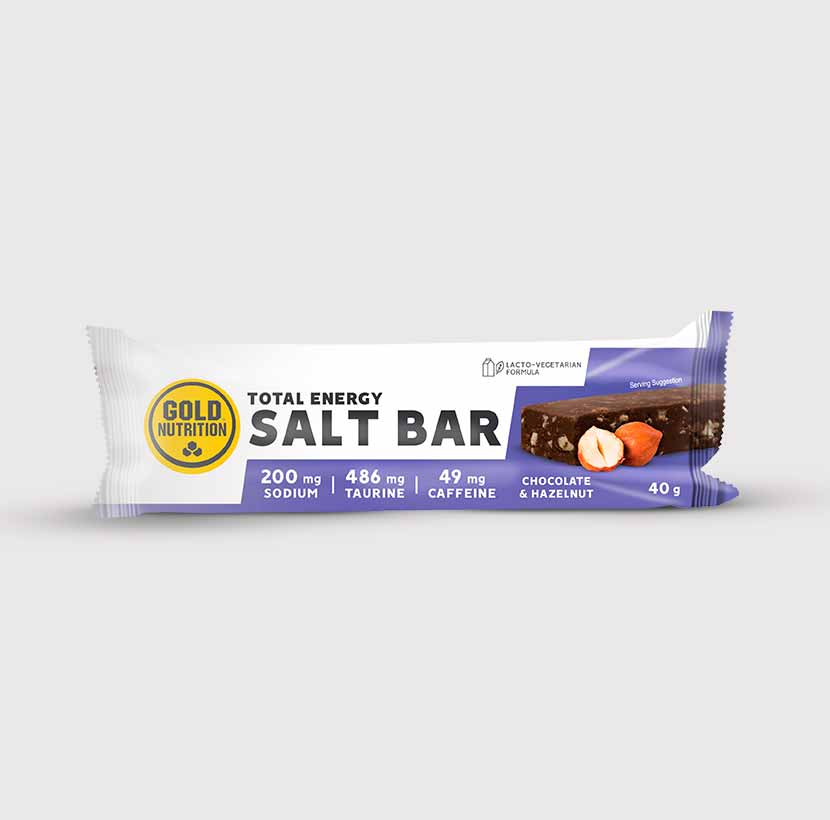 GoldNutrition Total Energy Salt Bar with chocolate and peanut flavor, showing a single-serve energy snack bar.