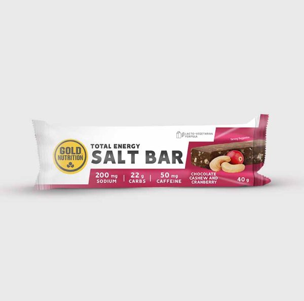 GoldNutrition Total Energy Salt Bar with chocolate and peanut flavor, shown as a single-serve energy snack bar.