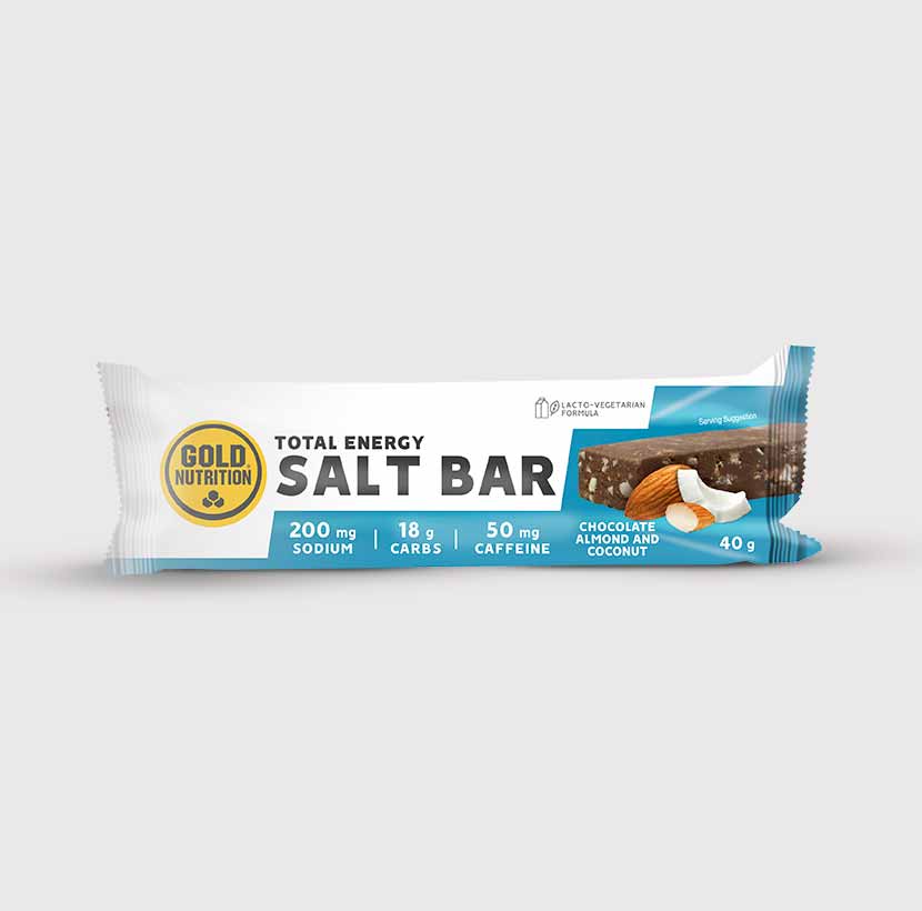 GoldNutrition Total Energy Salt Bar with chocolate and peanut flavor, showing the single-serve energy bar with textured chocolate coating.