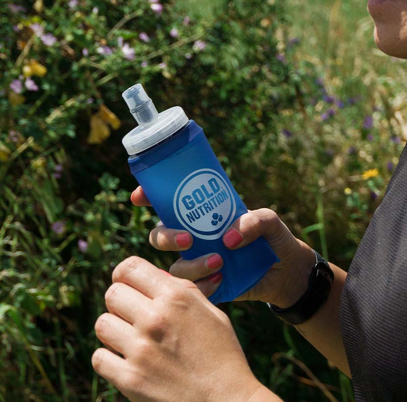 GoldNutrition 300ml soft sports bottle, lightweight and portable for hydration during workouts or outdoor activities.
