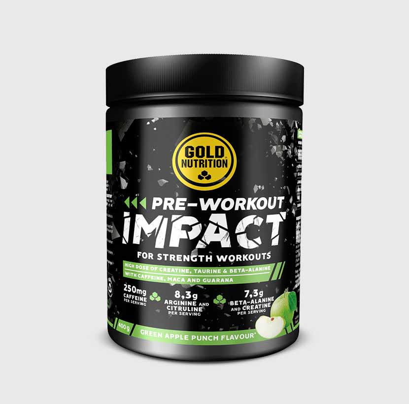 GoldNutrition Pre-Workout Impact supplement container with green apple flavor, showing the product label and branding.