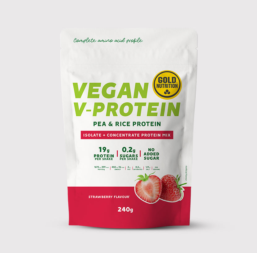 GoldNutrition V-Protein Hazelnut 240g vegan protein powder container and nutrition label view