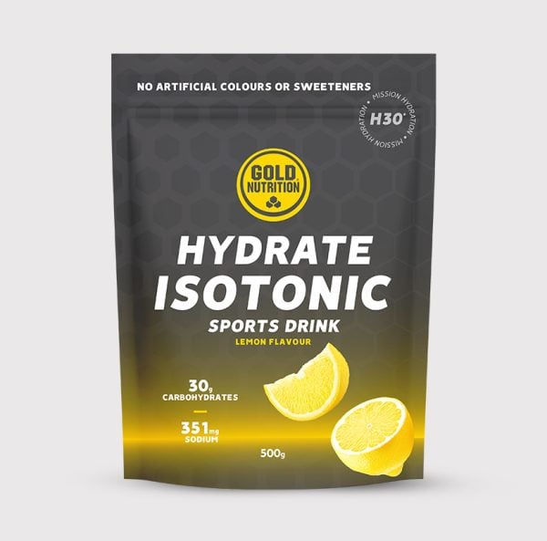 Bottle of GoldNutrition Hydrate Isotonic H30 sports drink with clear liquid, designed for hydration and electrolyte replenishment.