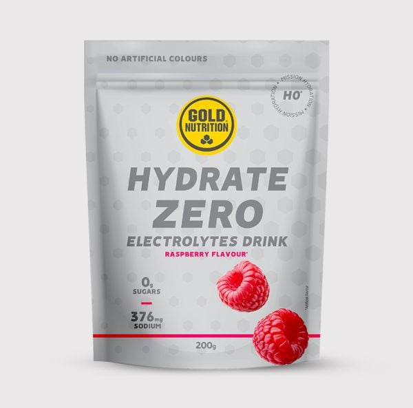 GoldNutrition Hydrate Zero H0 electrolyte drink powder in a yellow container with scoop for rehydration and hydration support.