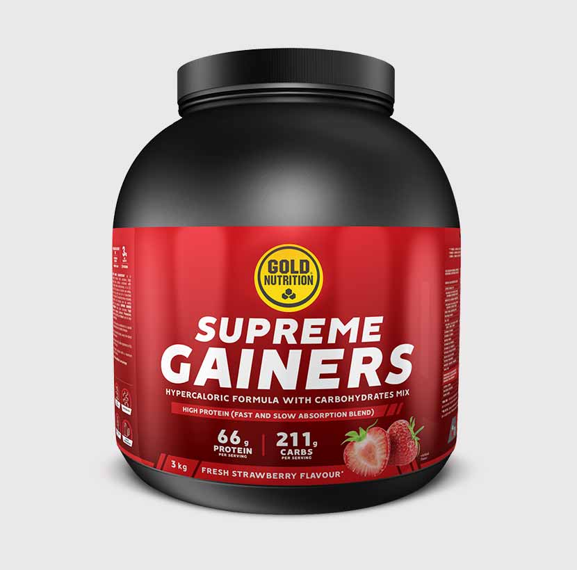 GoldNutrition Supreme Gainers protein and carbohydrate blend container with label visible.