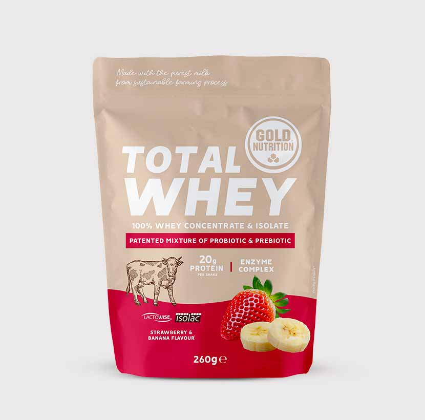 GoldNutrition Total Whey vanilla protein powder in a 260g container with scoop and label visible.