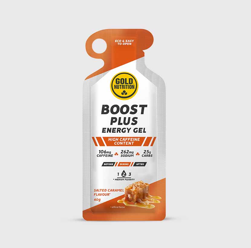 GoldNutrition Boost Plus Energy Gel packet with Salted Caramel flavour label