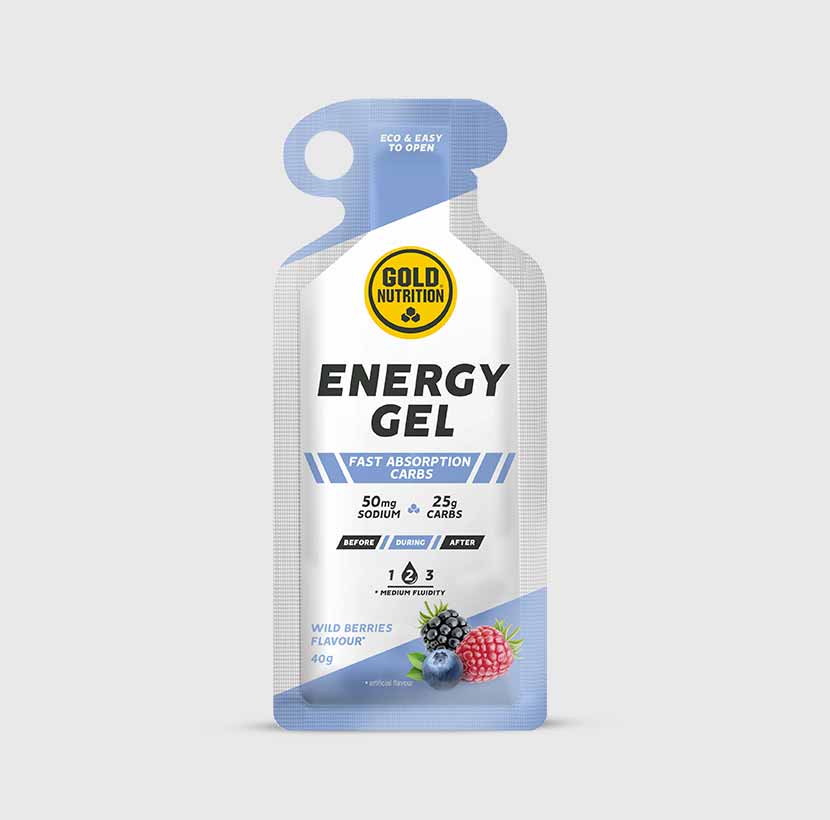 GoldNutrition Energy Gel packet in Wild Berries flavour for endurance fuelling plans.