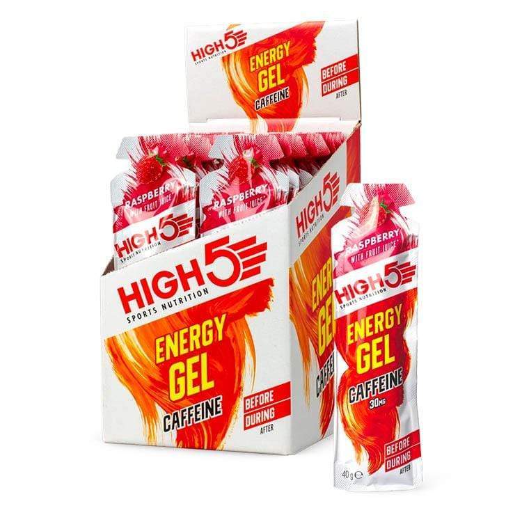Close-up of HIGH5 Energy Gel with Caffeine packet showing product label and flavour information.
