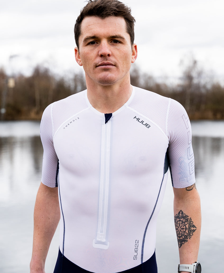 HUUB Anemoi 2 triathlon race suit in SUB22 and 22PLUS variant styling.