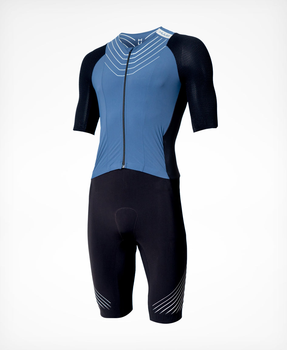HUUB Pinnacle men's tri suit in Steel Blue front view with open zip