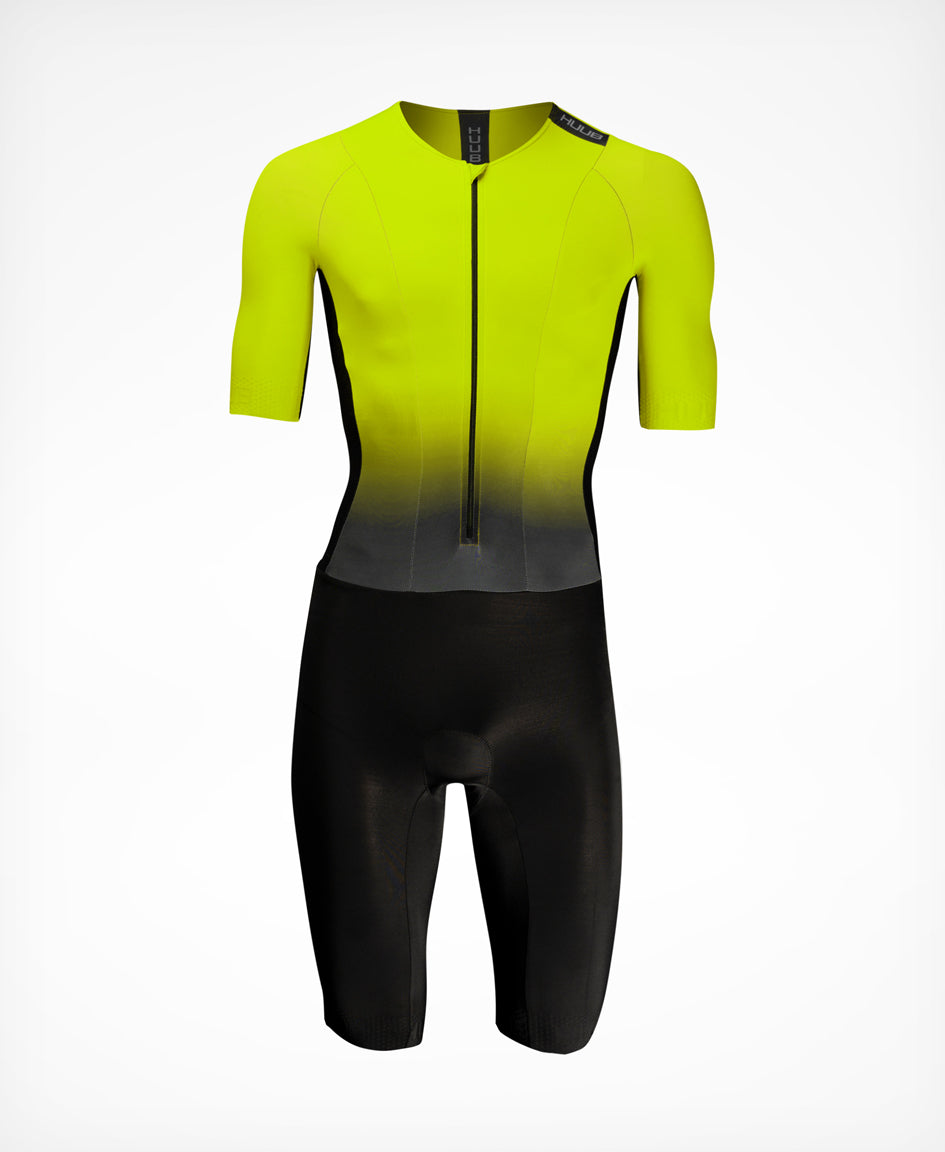 HUUB TC Performance men's tri suit in Fluo Yellow, rear view with pockets