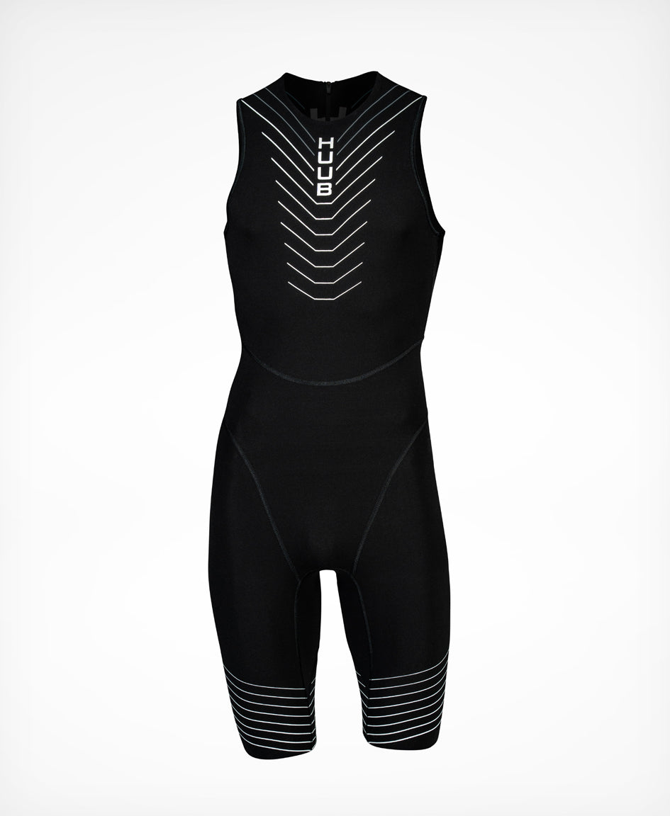 Men's HUUB triathlon swimskin showing black race-fit body and sleeveless cut