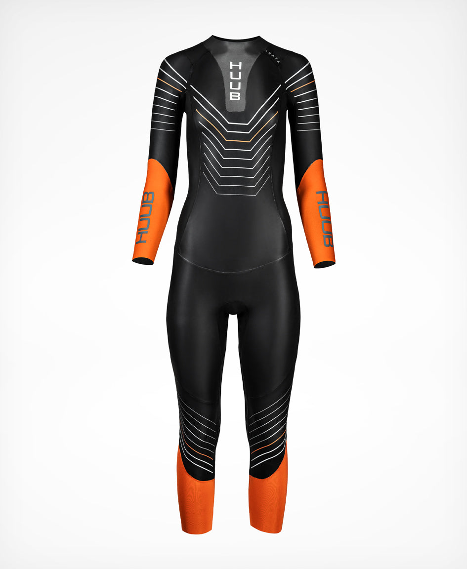 HUUB Araya women's triathlon wetsuit front view with black neoprene panels