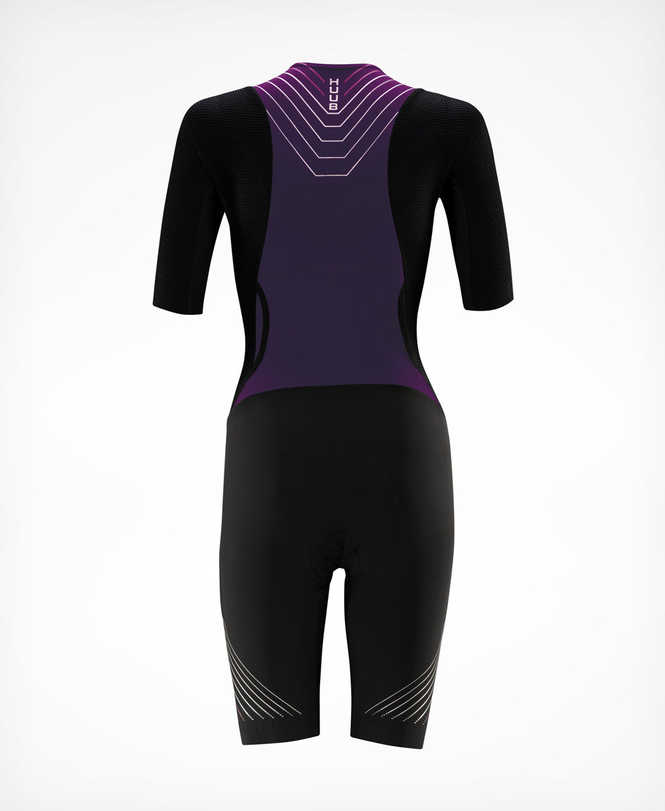HUUB Pinnacle women's Black/Grape triathlon suit rear product view.