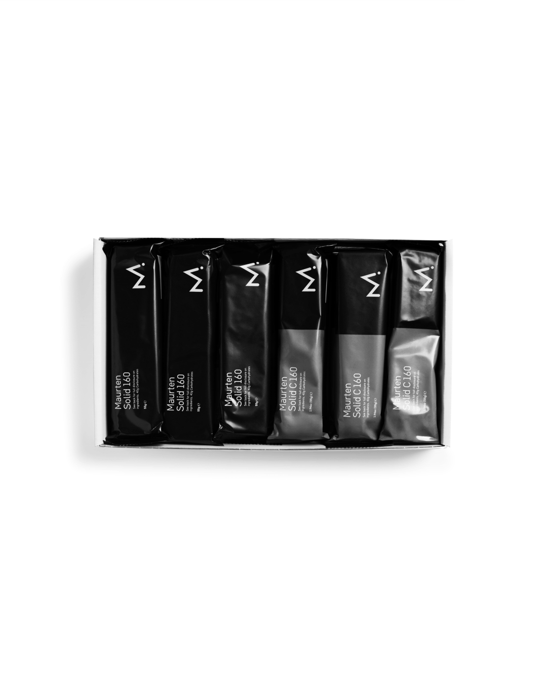 Six-pack of Maurten Solid 160 energy bars in a multipack, designed for sustained energy and nutrition during sports.