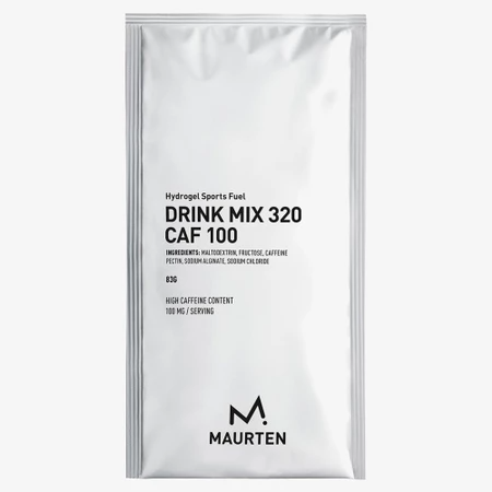 Maurten Drink Mix 320 Caf 100 in a packet, showing the vibrant packaging with the product name and branding for energy and hydration.