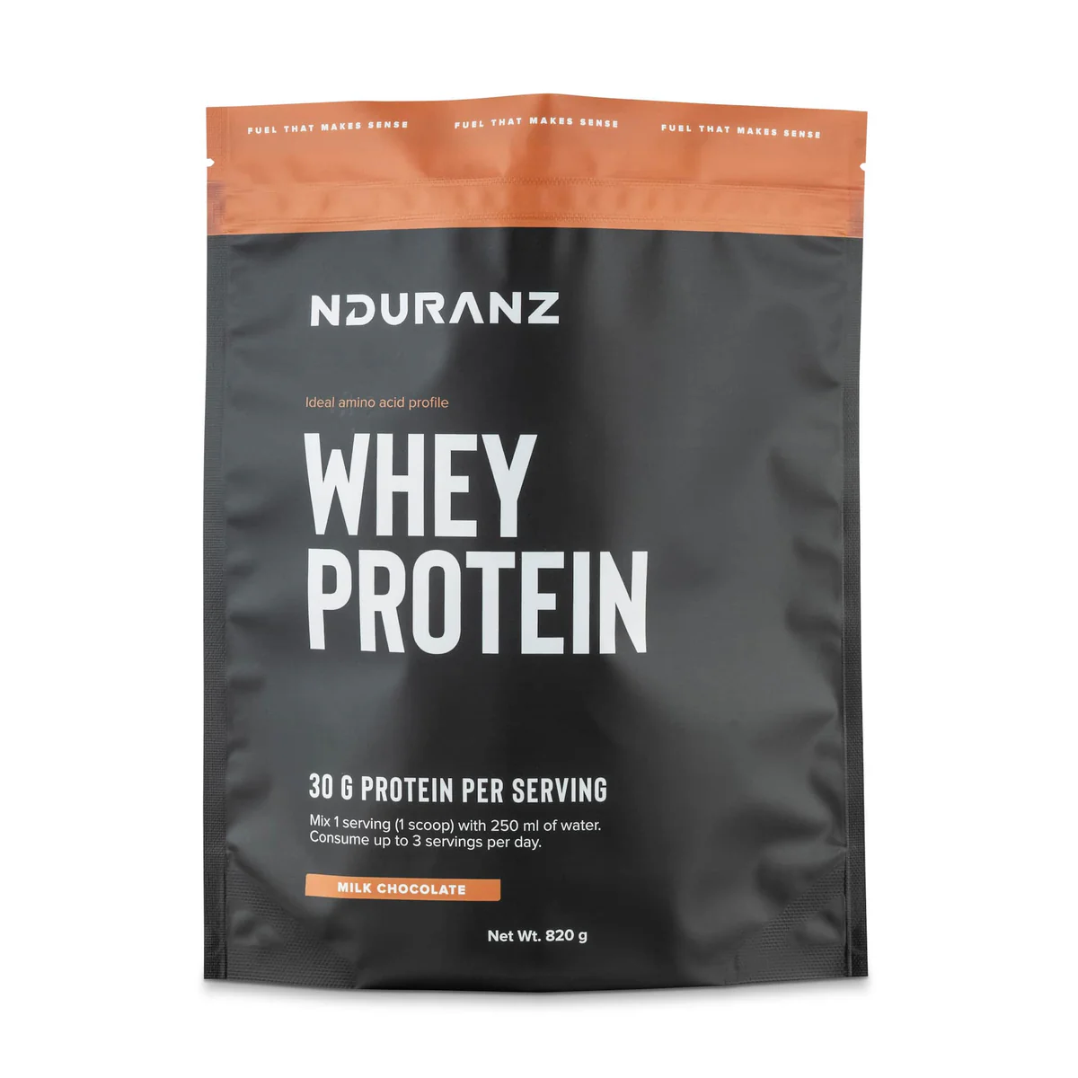 Nduranz Milk Chocolate Whey Protein container with label, powder scoop, and chocolate flavor branding.