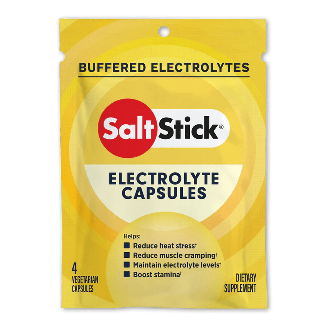 SaltStick Caps packet with four electrolyte supplement capsules from SaltStick, designed for hydration and electrolyte balance.
