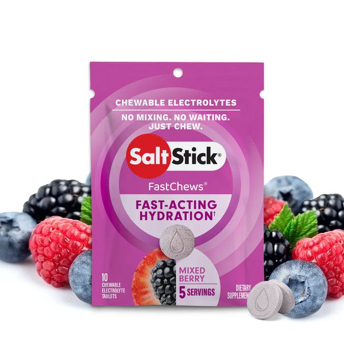 SaltStick FastChews chewable electrolyte tablets shown in a clear container.