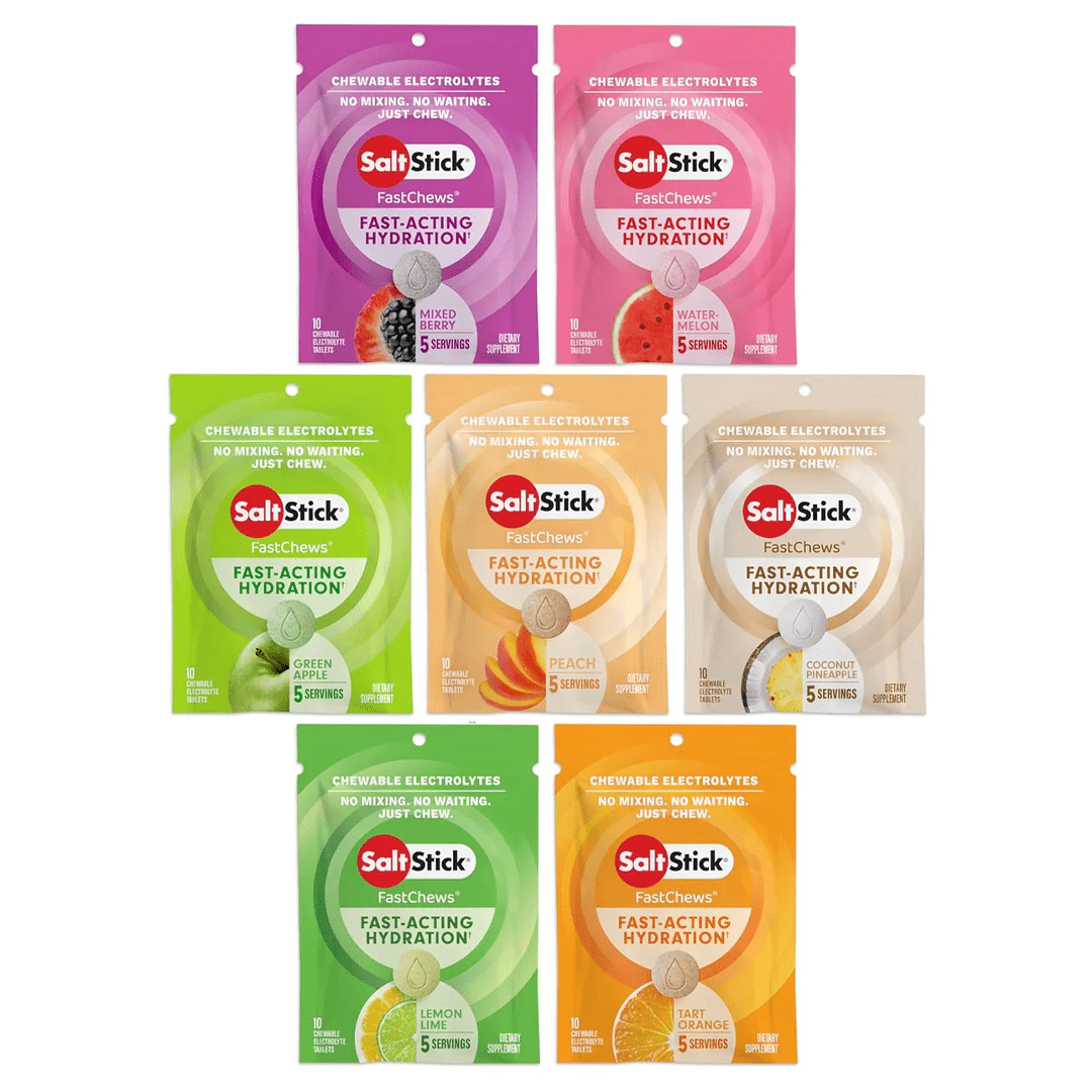 SaltStick FastChews Coconut Pineapple packet and chewable electrolyte tablets.