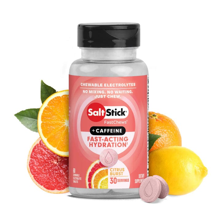 SaltStick FastChews plus Caffeine Citrus Burst blister pack and tube