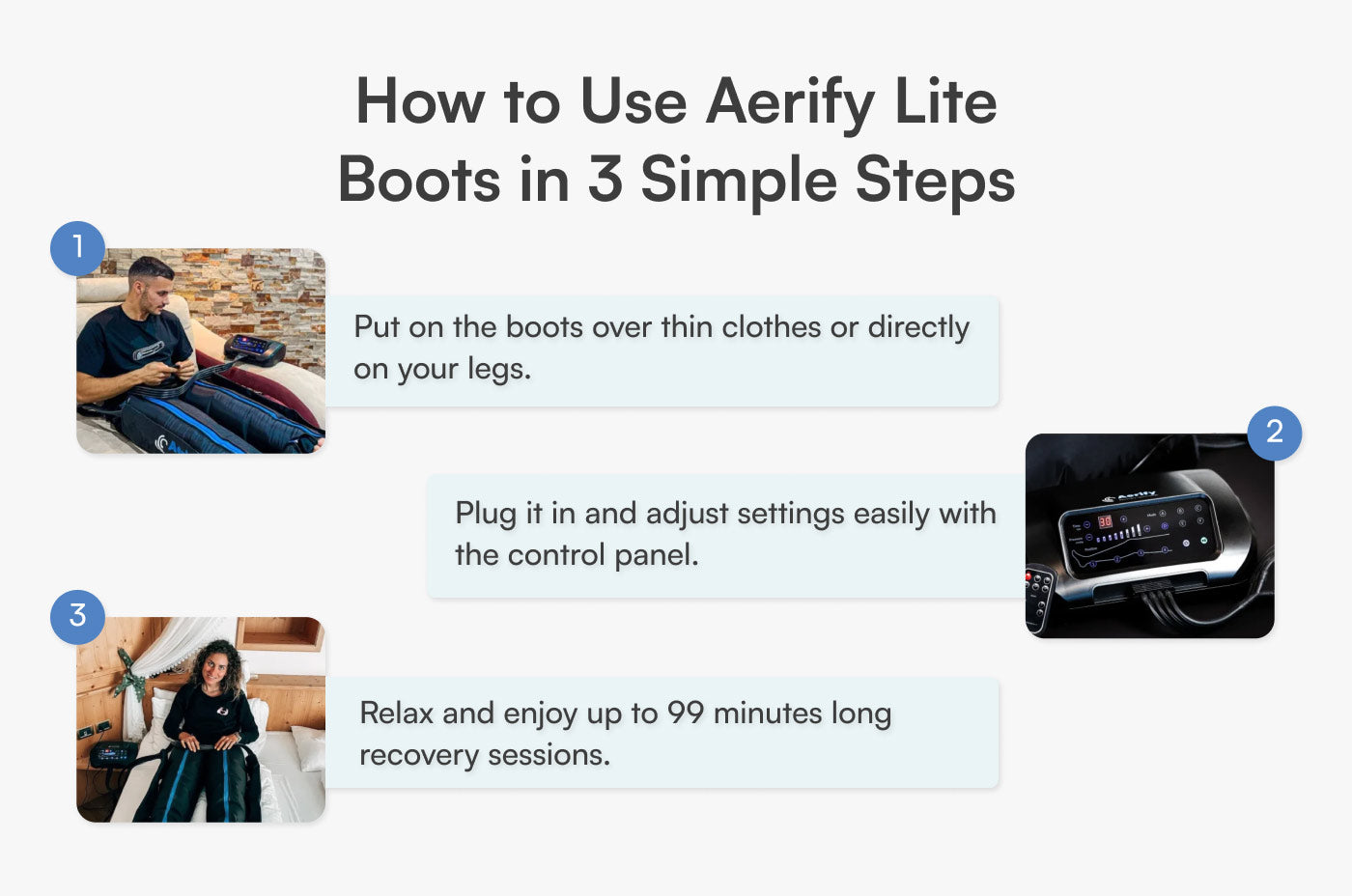 Aerify Lite Plug-In Compression Boots remote control and boot connection detail.