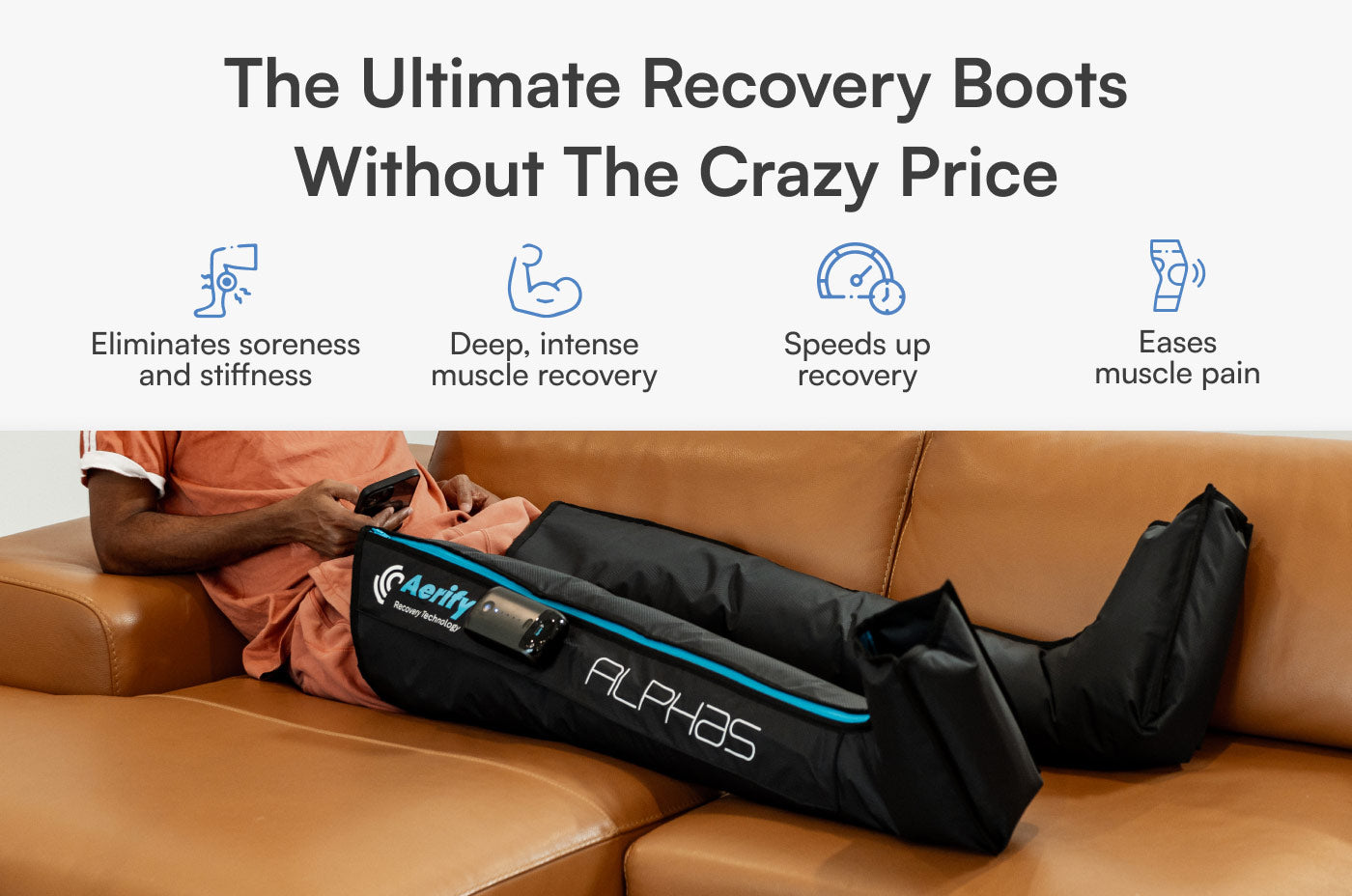 Aerify Wireless Alphas Compression Boots wireless leg boot pair and accessories.