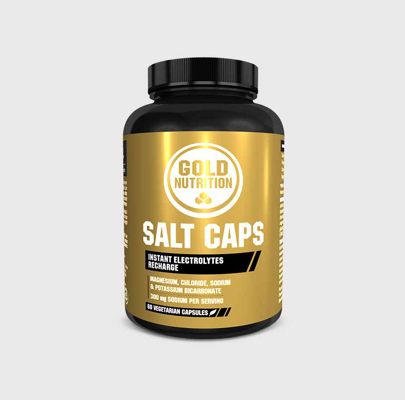 GoldNutrition Salt Caps bottle with white and orange capsules for electrolyte replenishment and hydration support.