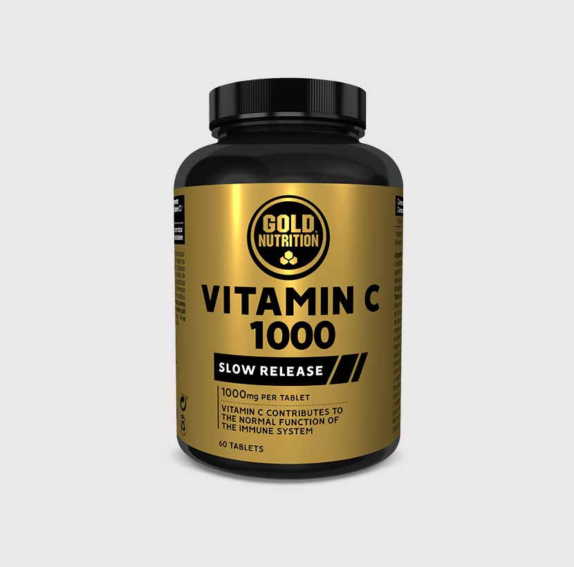 GoldNutrition Vitamin C 1000 supplement bottle with label showing vitamin C dosage and branding.