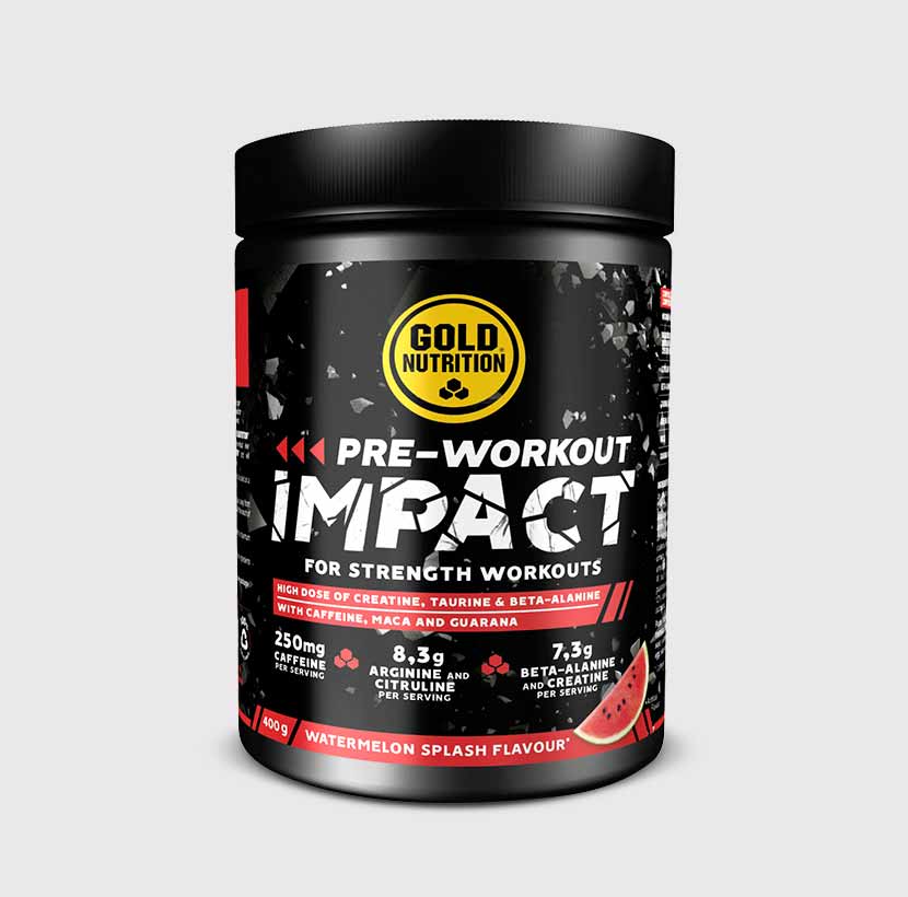 Green apple flavored GoldNutrition Pre-Workout Impact powder in a container with a scoop and supplement packaging.