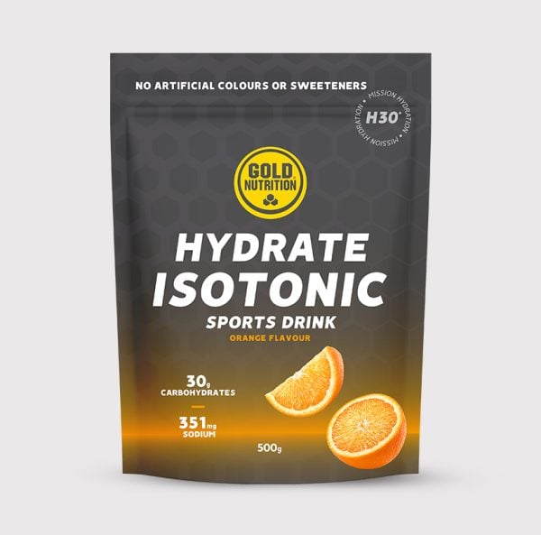 GoldNutrition Hydrate Isotonic H30 electrolyte drink in a clear bottle with a blue label, designed for hydration and performance.