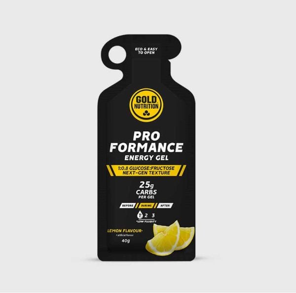 GoldNutrition ProFormance Energy Gel in lemon flavor, single-serve packet with vibrant lemon design and easy-to-open packaging.