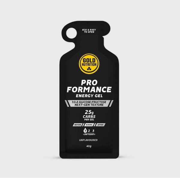 GoldNutrition ProFormance Energy Gel in lemon flavor, single-serve packet, designed for quick energy boost during workouts.