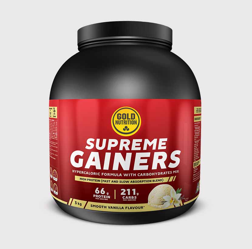 GoldNutrition Supreme Gainers vanilla supplement powder tub and scoop.