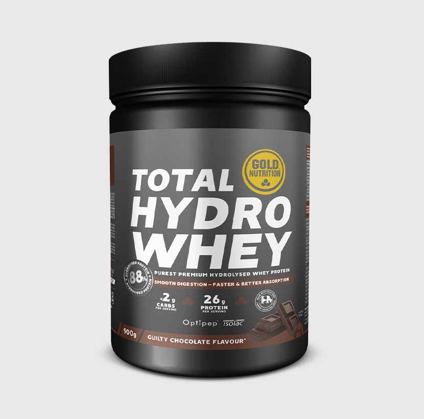 GoldNutrition Total Hydro Whey Vanilla protein powder container with scoop view