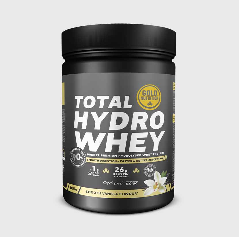 GoldNutrition Total Hydro Whey Vanilla protein powder container with label details