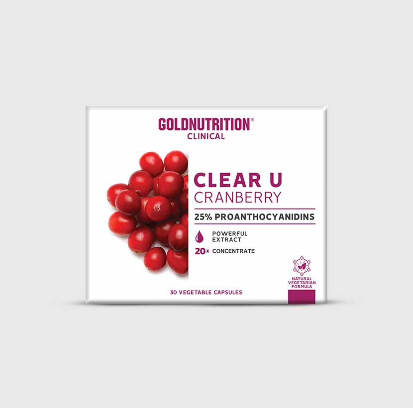 GoldNutrition Clear-U Cranberry supplement capsule bottle.