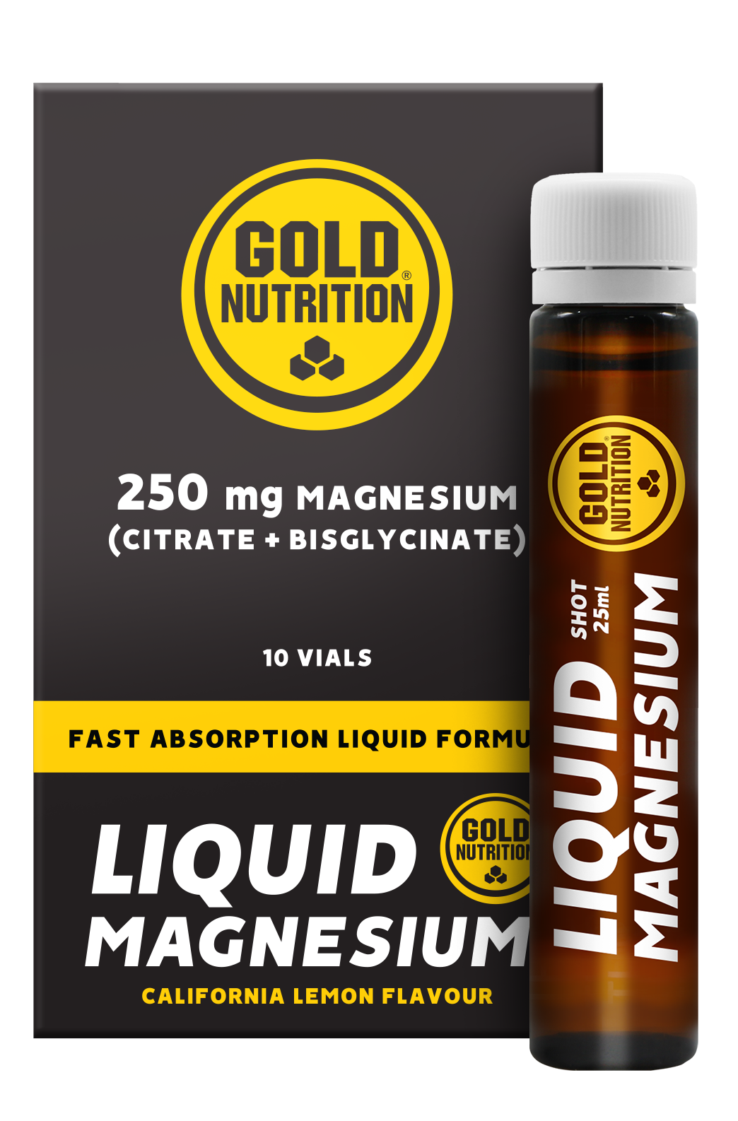 GoldNutrition Liquid Magnesium 25ml vial product image with cap and label visible.