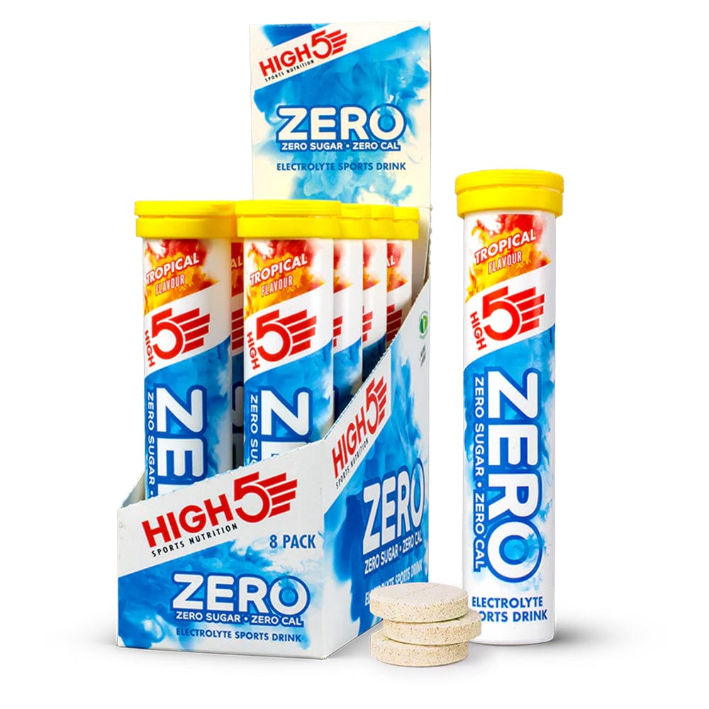 High5 ZERO Electrolyte Drink tube with 20 servings, citrus flavor, featuring colorful powder packets for hydration.