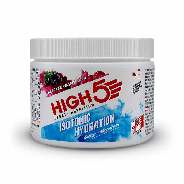HIGH5 Isotonic Hydration Drink Powder 300g Blackcurrant tub with product label.