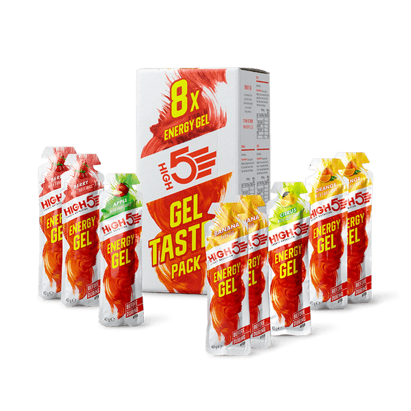 High5 Energy Gel Taster Pack with assorted flavored gels in individual sachets for quick energy boost during exercise.