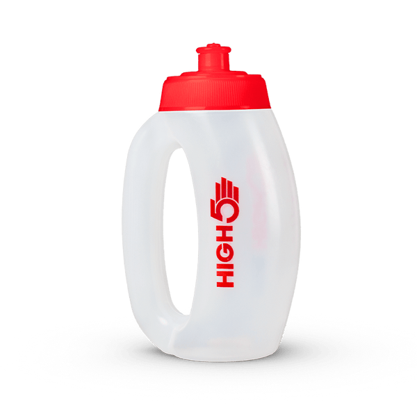 High5 350ml run bottle with a clear plastic body and blue screw-on lid, designed for athletes and running hydration.