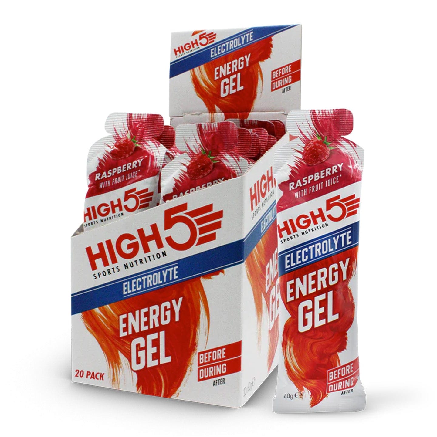 HIGH5 Energy Gel with Electrolytes Raspberry sachet label and packet detail.