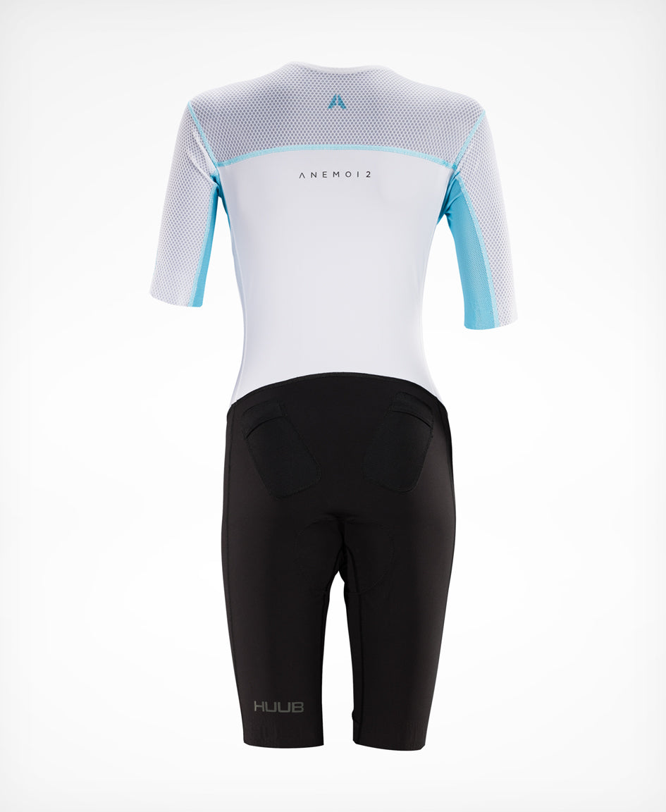 HUUB Anemoi 2 women's SUB22 tri suit in White/Aqua rear product view.