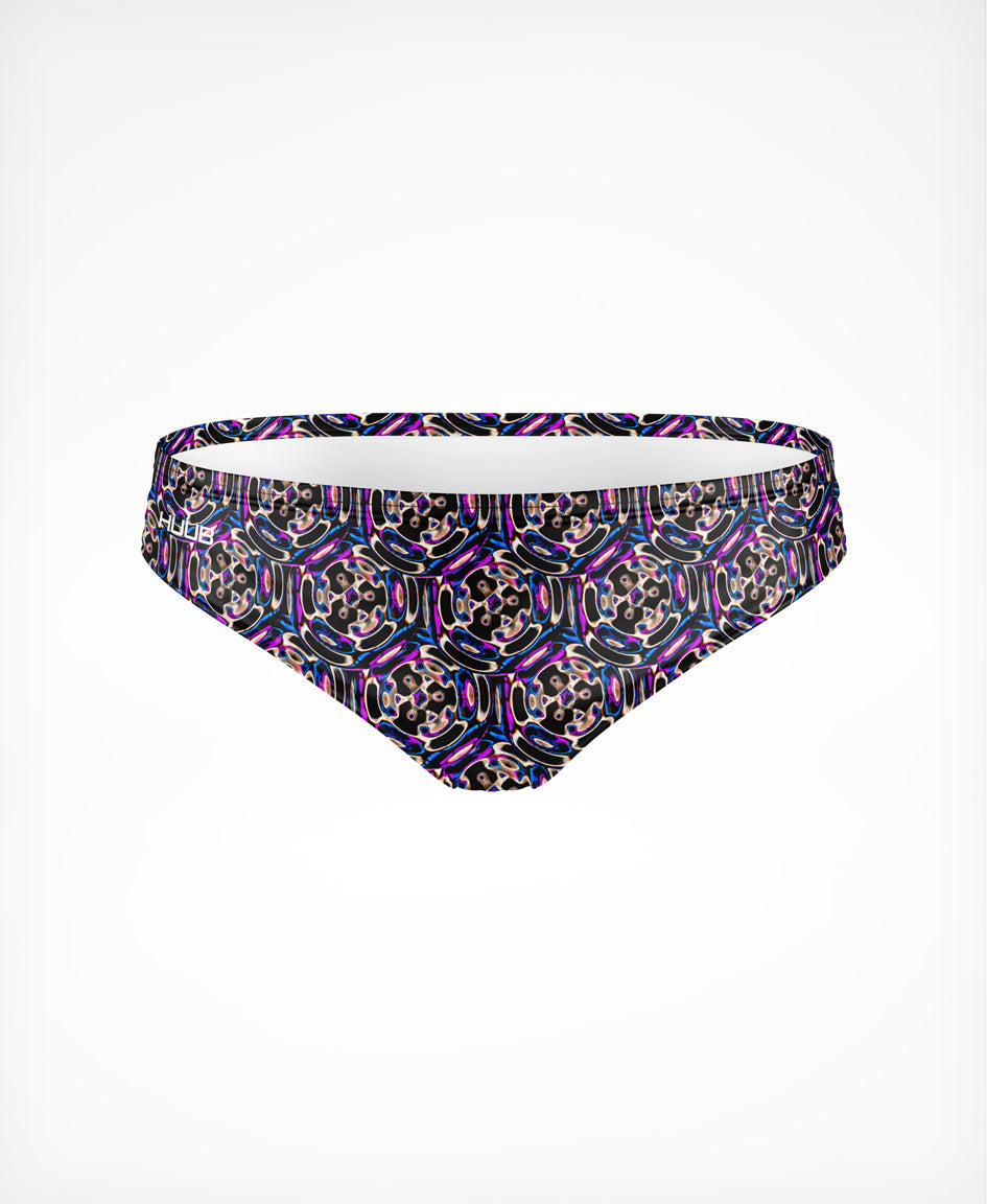 Men's HUUB swim training brief featuring Carvico chlorine-resistant fabric, 4-way stretch, and a drawstring waist for secure fit.