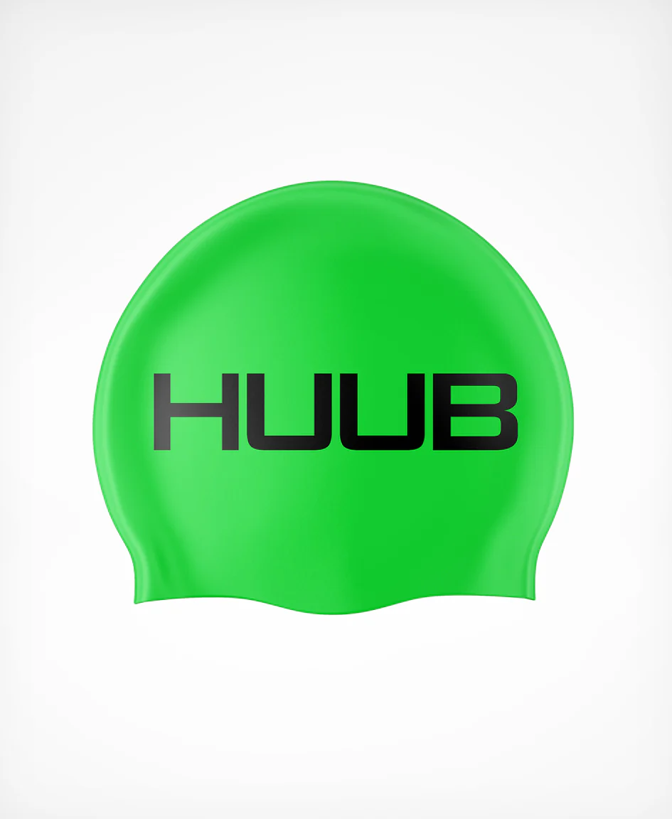Bright orange HUUB silicone swim cap with a snug fit, designed for comfortable, hydrodynamic swimming.