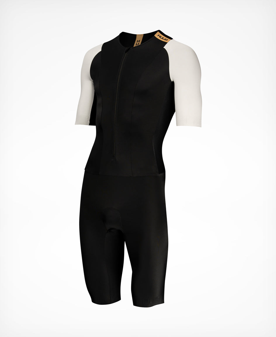 HUUB TC Performance men's tri suit in Black and White, rear view with pockets