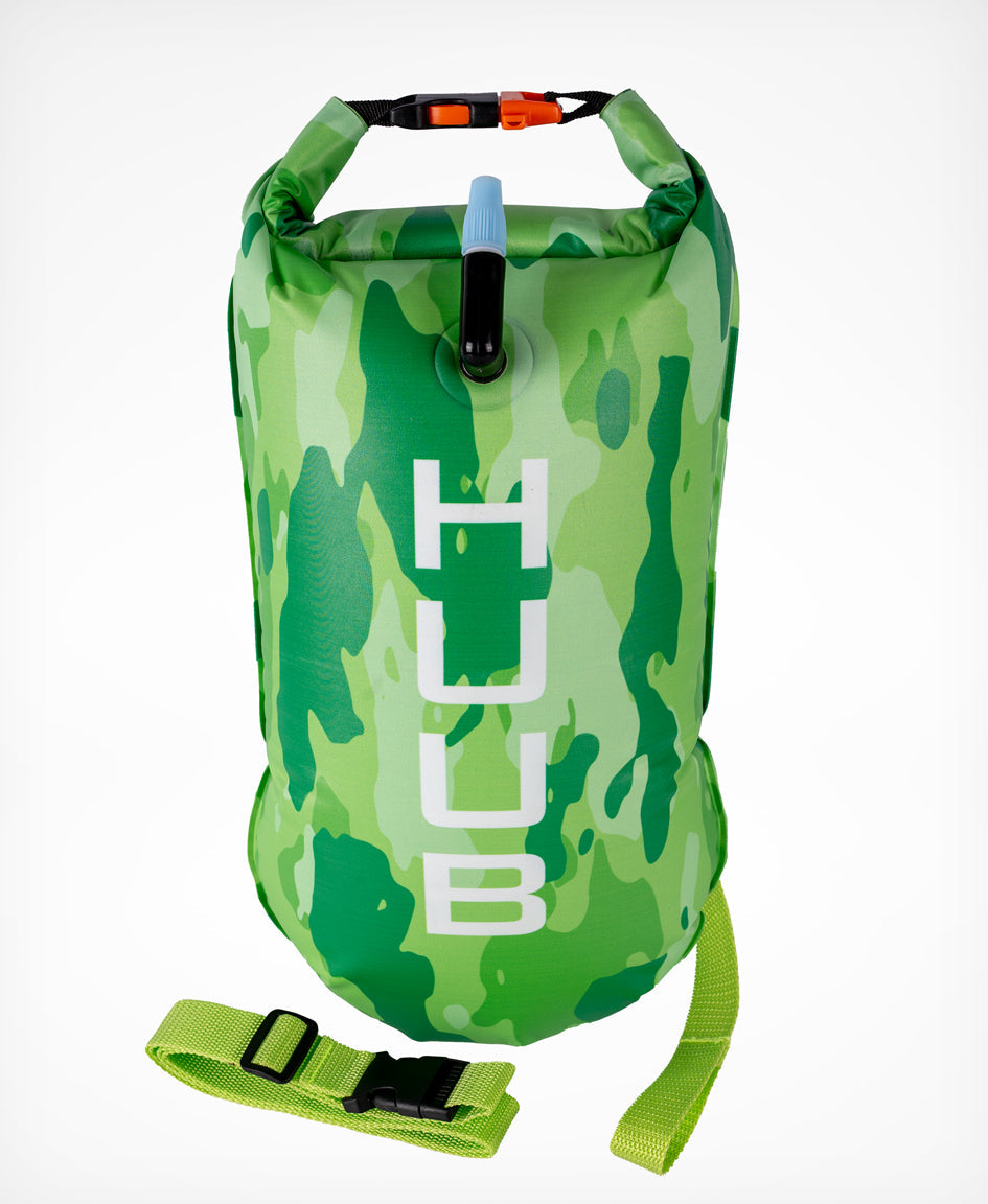 HUUB Safety Tow Float in Lime Camo with inflatable swim buoy body and waist belt