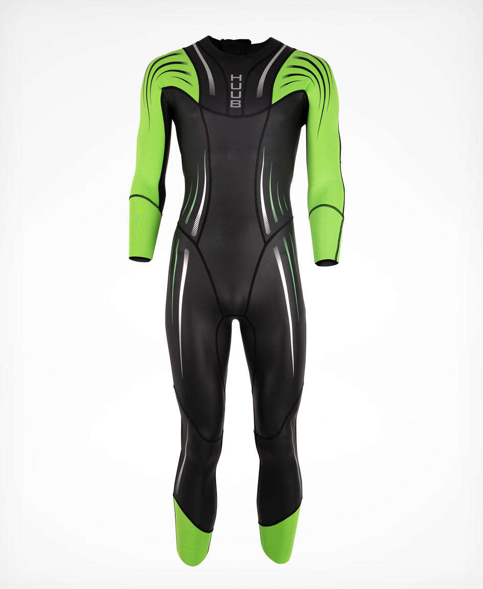 HUUB Surface Fluo Green men's triathlon wetsuit front view with green arm and cuff details